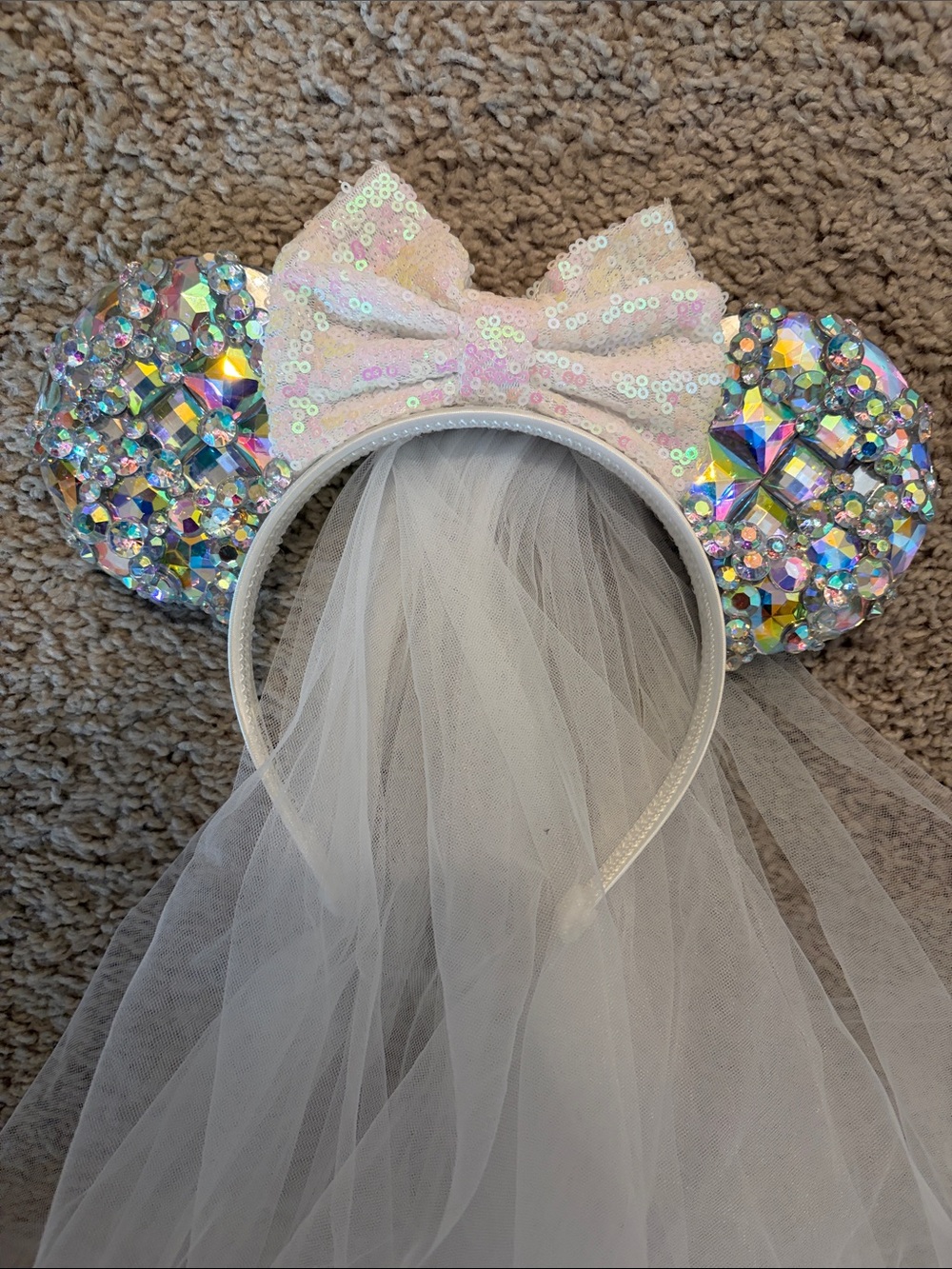 Bridal White Sequin Mouse Ears Headband with Veil - Picture 2 of 3